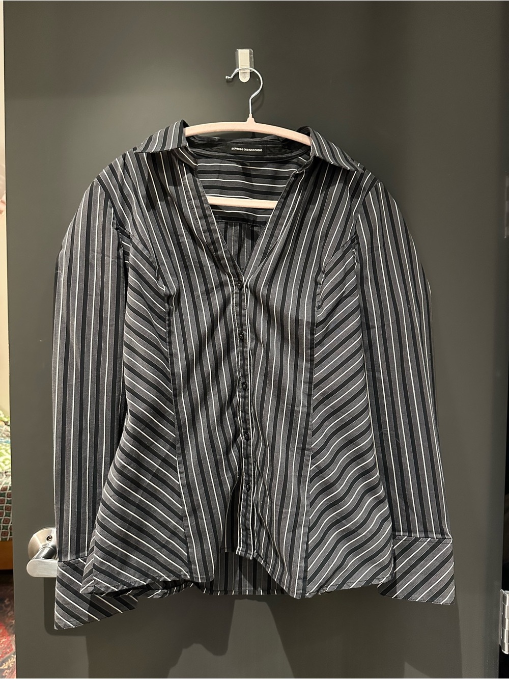 y2k express design studio office siren fitted stretch cotton stripe button down